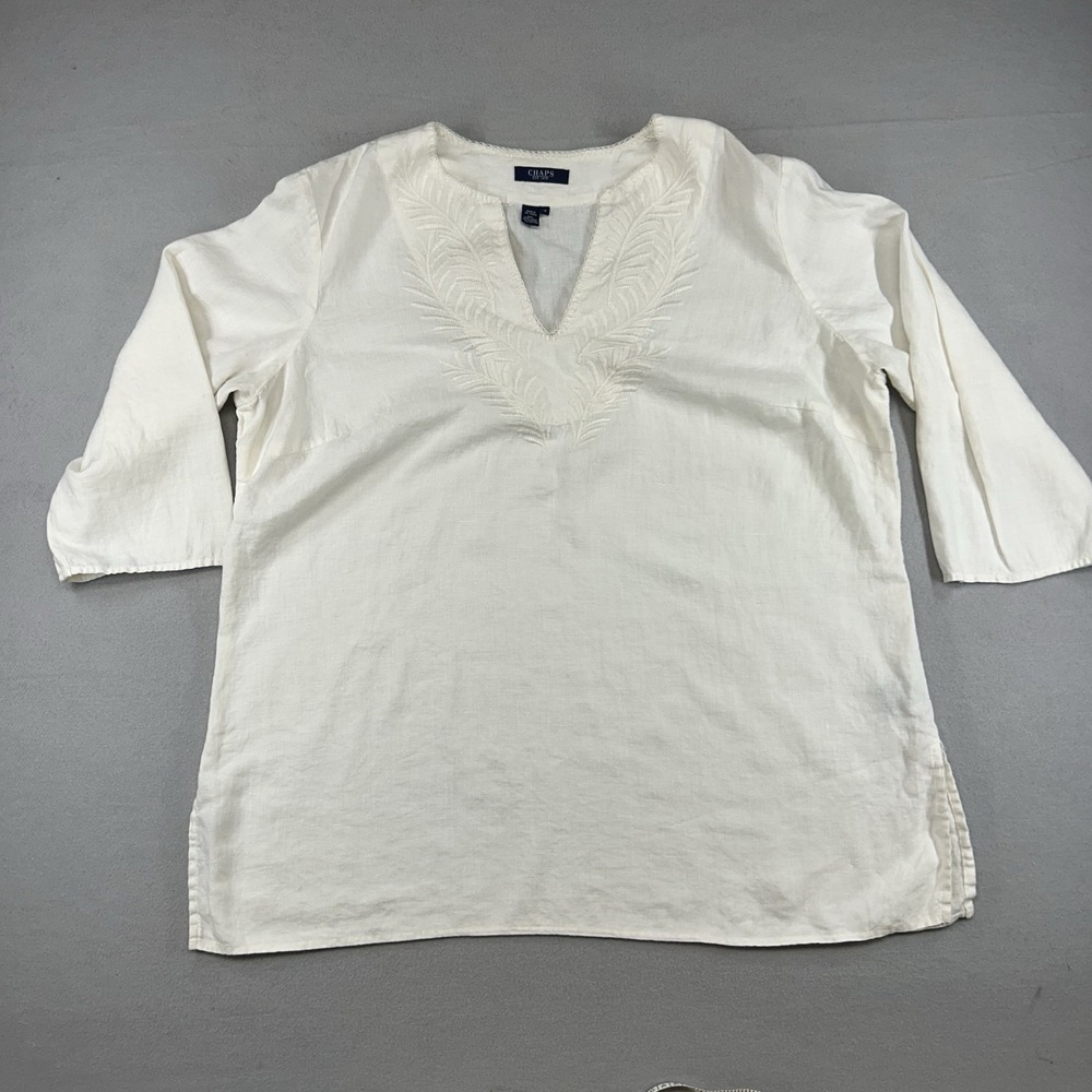 Chaps Ralph Lauren White Tunic Top Women's 1X 3/4 Sleeve Split Neck Embroidered